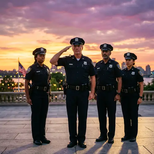 Diverse Group of Police Officers Saluting Against Vibrant Sunset Sky