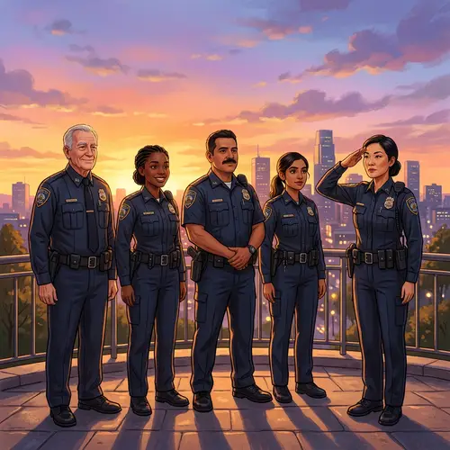 Diverse Group of Police Officers Saluting at Sunset