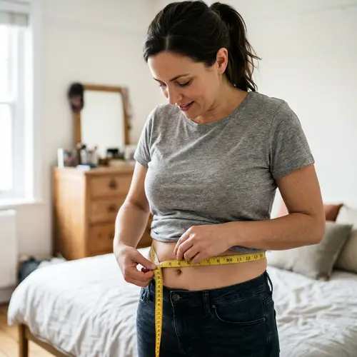 Woman Measuring Waist Size with Tape Measure