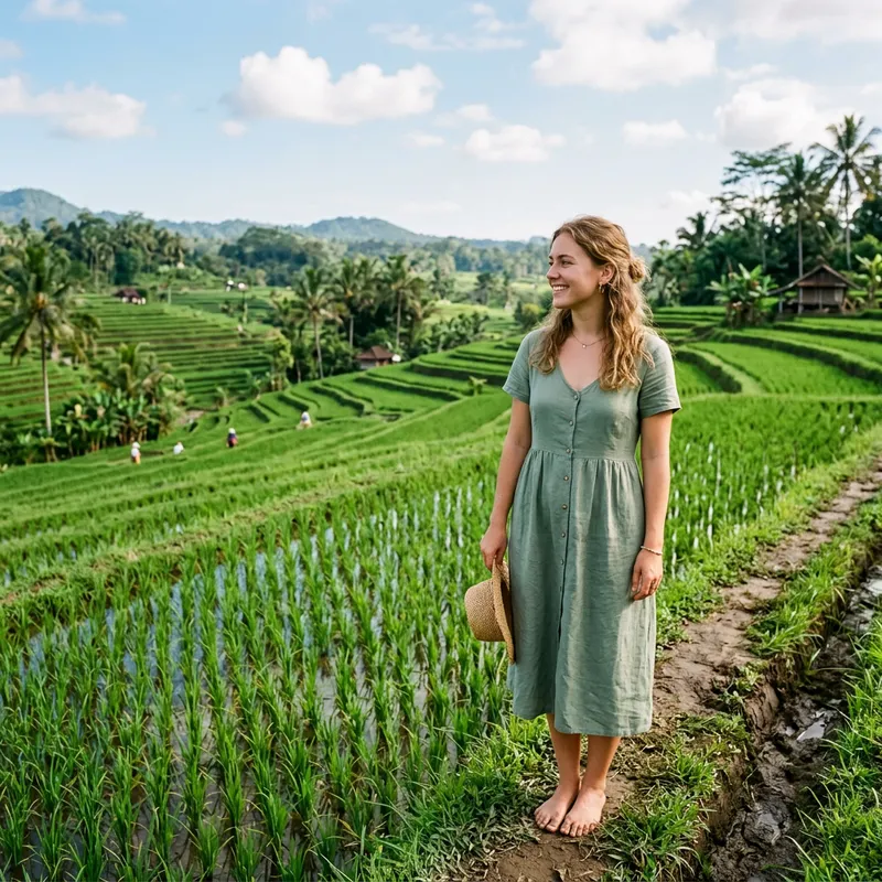 Young Caucasian Woman in White Skin Wearing Green Dress by Rice Field