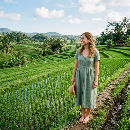 Young Caucasian Woman in Green Dress by Rice Field