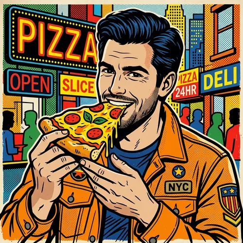 Pop Art Brad Pitt Eats Pizza - Vibrant Pop Art Style