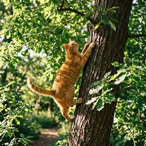 Playful Orange Cat Climbing Tree | Nature's Agility Showcase