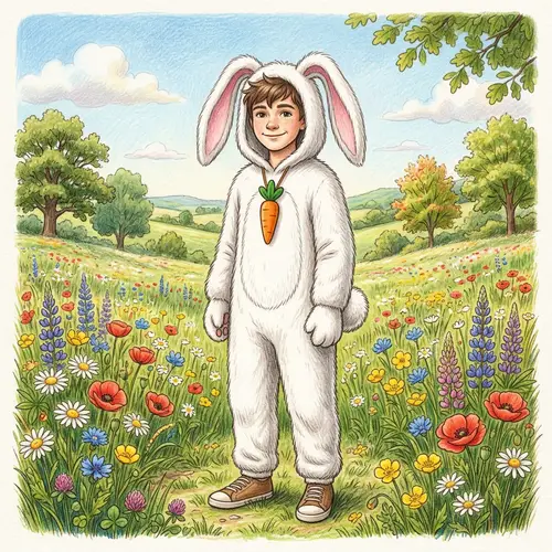 Caucasian Male Teenager in White Bunny Costume Illustration