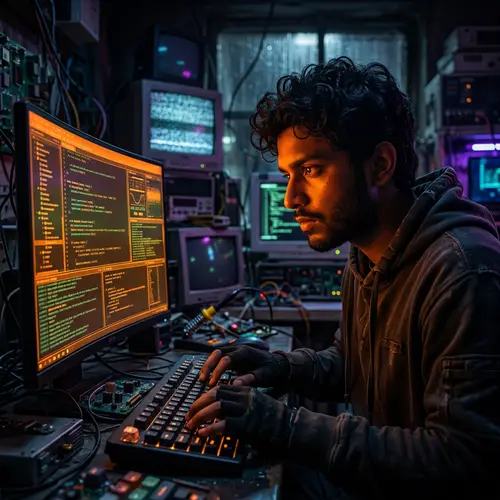 South Asian Male Hacker: Cyberpunk Era Intensity
