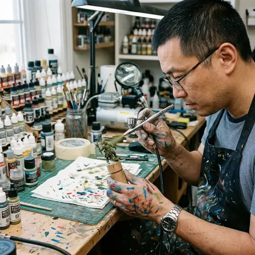 Asian Male Airbrushing Miniature Figurine - Detailed Artist Work