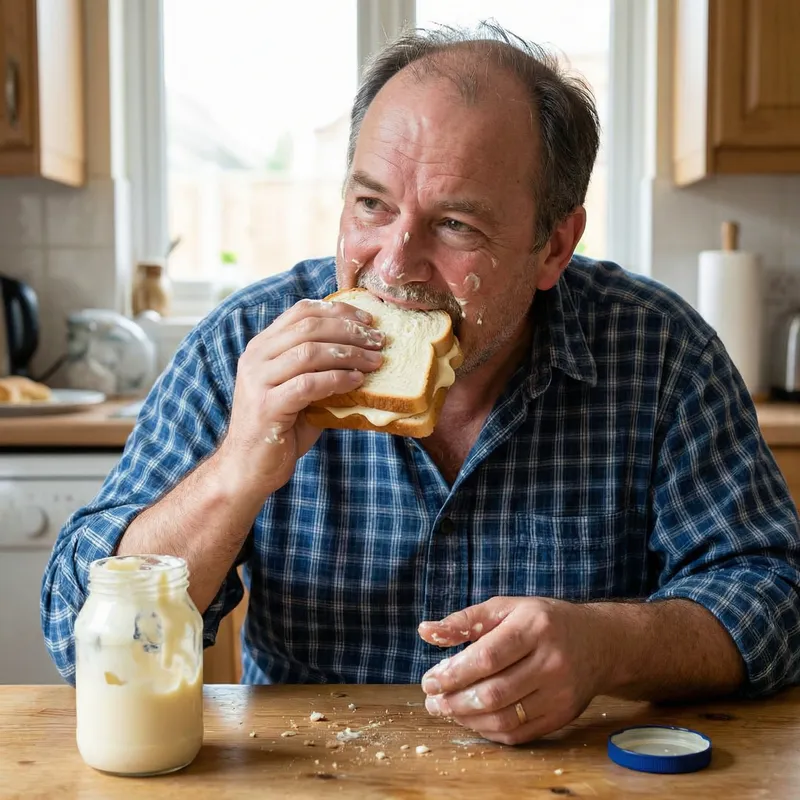 Man Enjoying Mayonnaise Sandwich