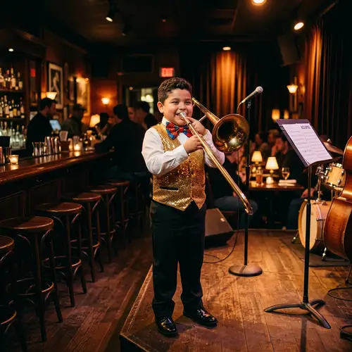 Chubby Hispanic Child Jazz Trombone Player | Nightclub Scene