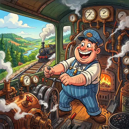 Cheerful Train Operator Illustration | Animated Steam Locomotive