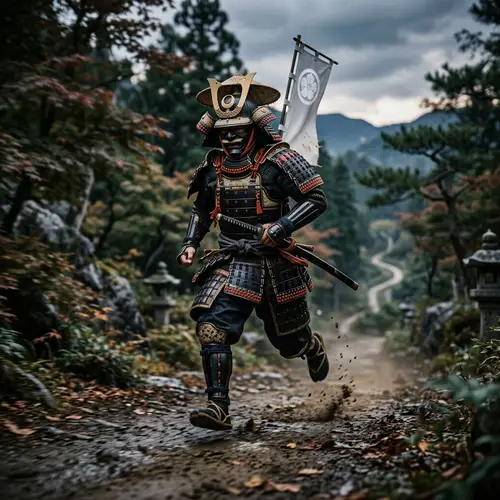 Running Samurai in Full Armor - Japanese Warriors