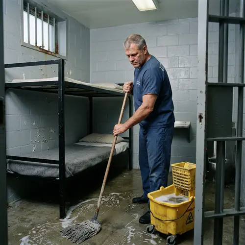 Middle-Aged Prisoner Cleaning Jail Cell | Strong & Determined