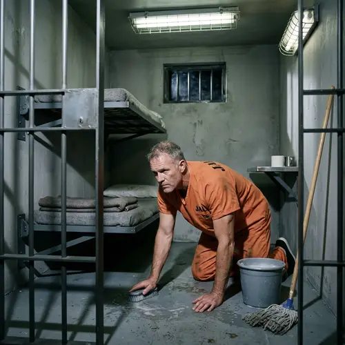 Middle-Aged Man Washing Floor in Jail Cell