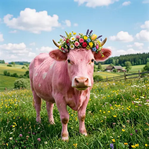 Pink Cow with Colorful Flower Crown in Lush Meadow
