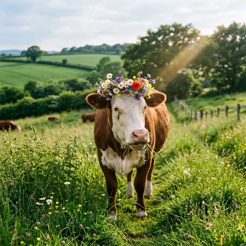 Peaceful Meadow Scene with Crowned Cow | Nature Harmony