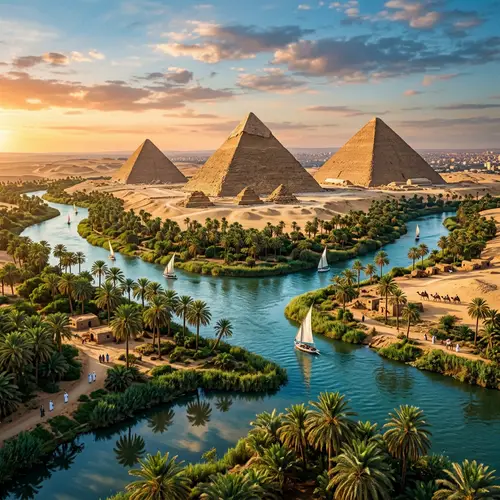 Egyptian Pyramids and Palm Trees by the Rivers