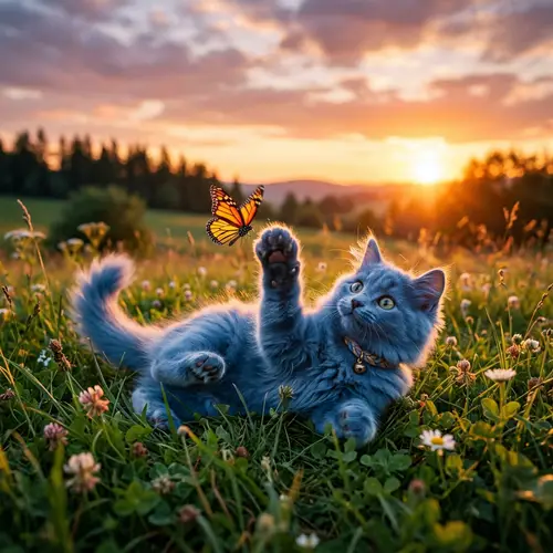 Cute Blue Cat Playing on Grass During Sunset