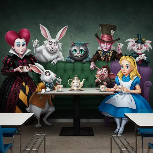 Wonderland Cafe Wall Mural Featuring Iconic Characters