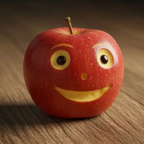 Whimsical Apple Character on Wooden Table