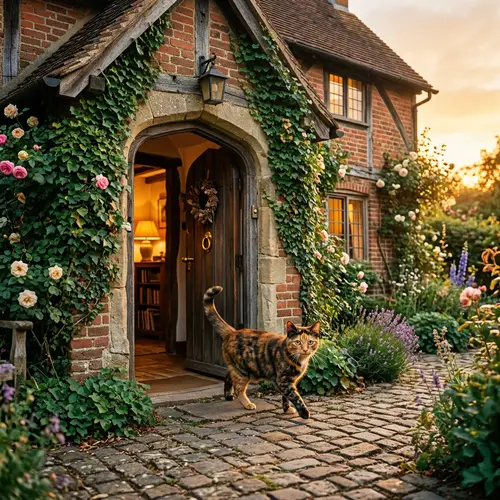 Vibrant Orange and Black Cat Exploring Quaint House