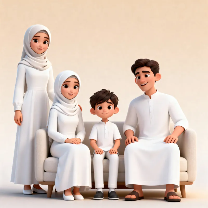 Modern 3D Animation: Family in White Attire