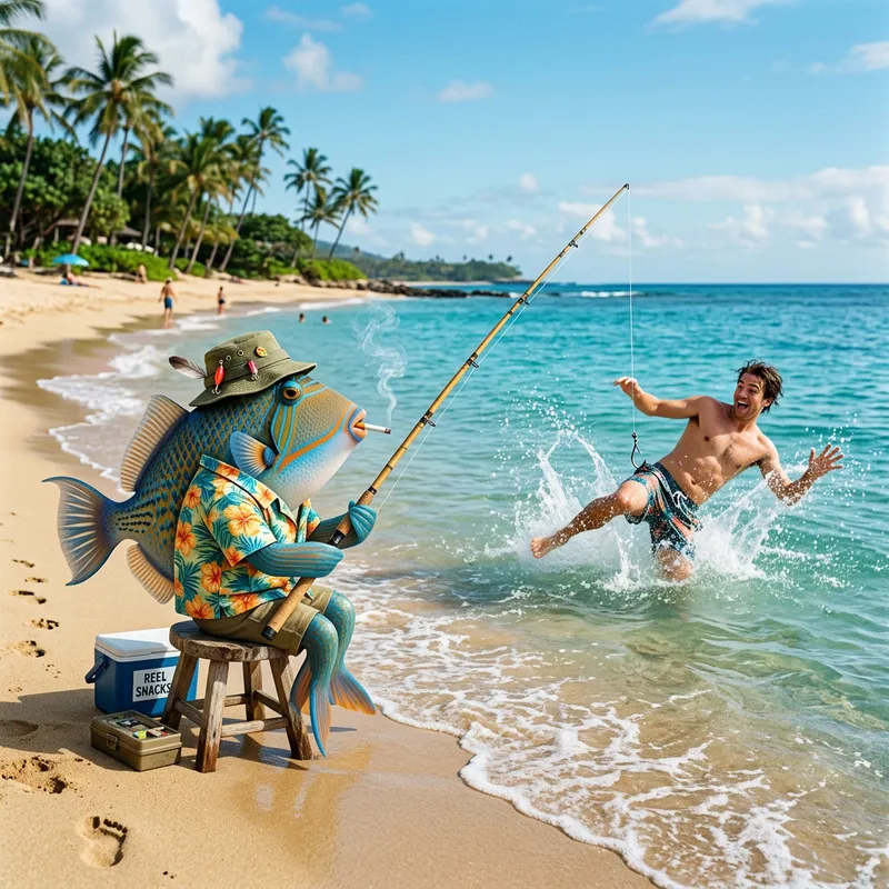 Fishing Fish in Tropical Outfit at Seashore | Unique Illustration Fishing Fish in Tropical Outfit at Seashore | Unique Illustration