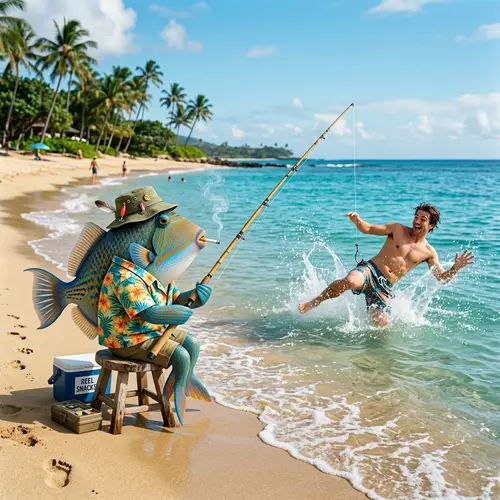 Tropical Fish Fishing Human at Seashore | Fun Illustration