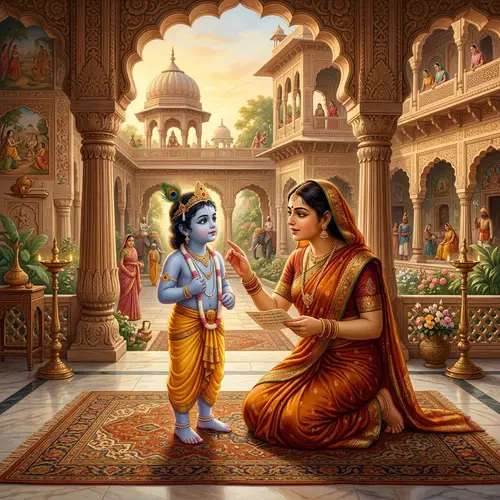 Beautiful Kid Lord Krishna and Mother Yashoda in Indian Palace Painting
