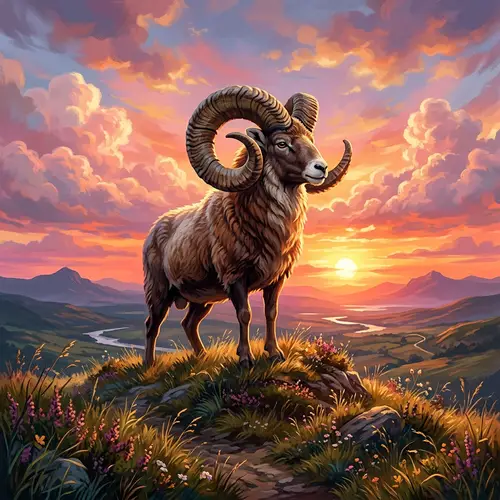 Majestic Ram on a Sunset Hill