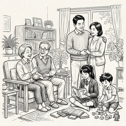 East Asian Family Line Sketch - Warm Moments