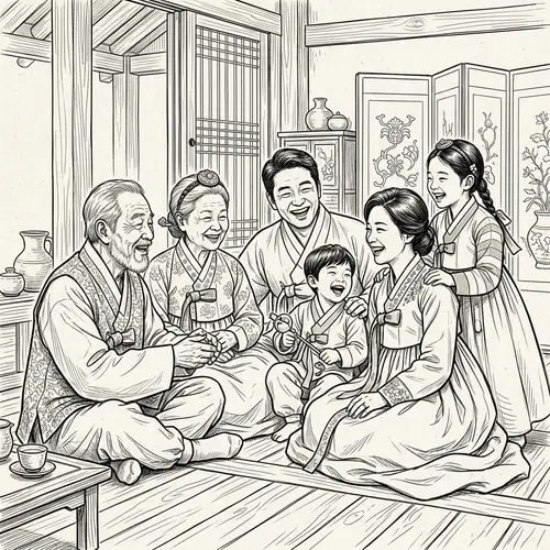 Korean Family Line Sketch: Bonds of Love
