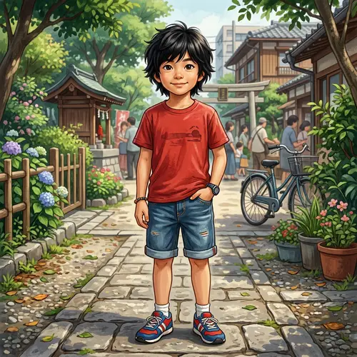 East Asian Boy in Blue Denim Shorts and Red T-shirt