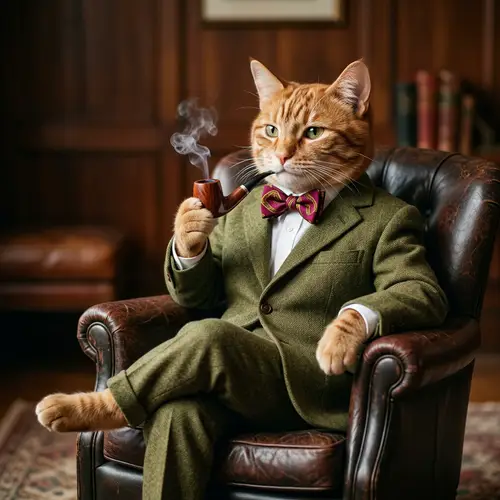 Eccentric Cat Character in Bow Tie with Vintage Pipe