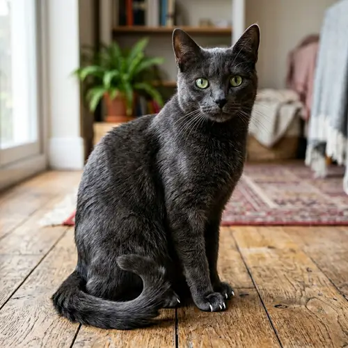 Elegant Domestic Cat with Green Eyes | Velvet-like Charcoal Fur