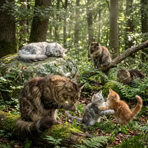 Luxurious Maine Coon Cats in Diverse Poses | Fluffy Fur, Large Ears, and Ruffs