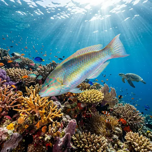 Vibrant Underwater Scene with Iridescent Fish and Colorful Coral