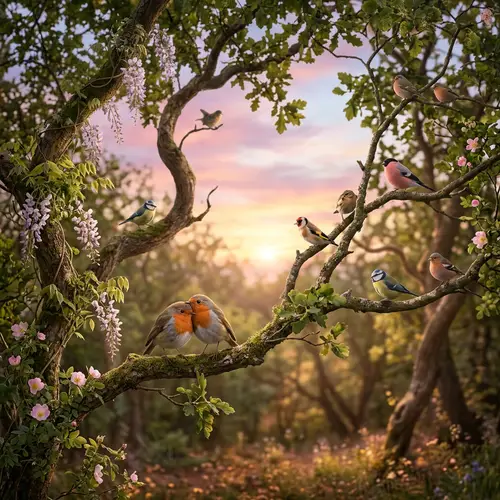 Idyllic Nature Scene with Multi-Colored Birds Perched | Romantic Setting