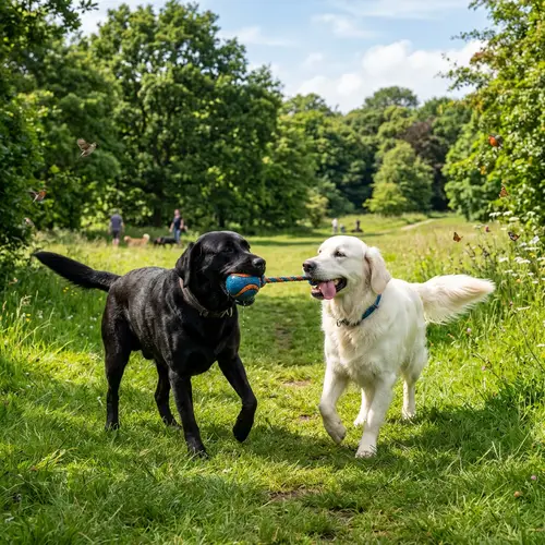 Energetic Black Labrador and White Golden Retriever Playful Encounter