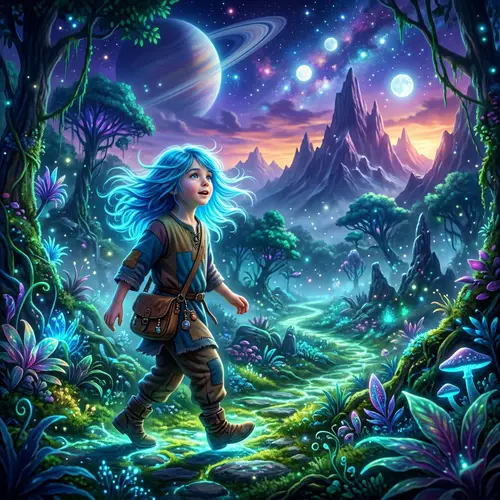 Enchanting Child with Blue Hair Explores Magical Fantasy World