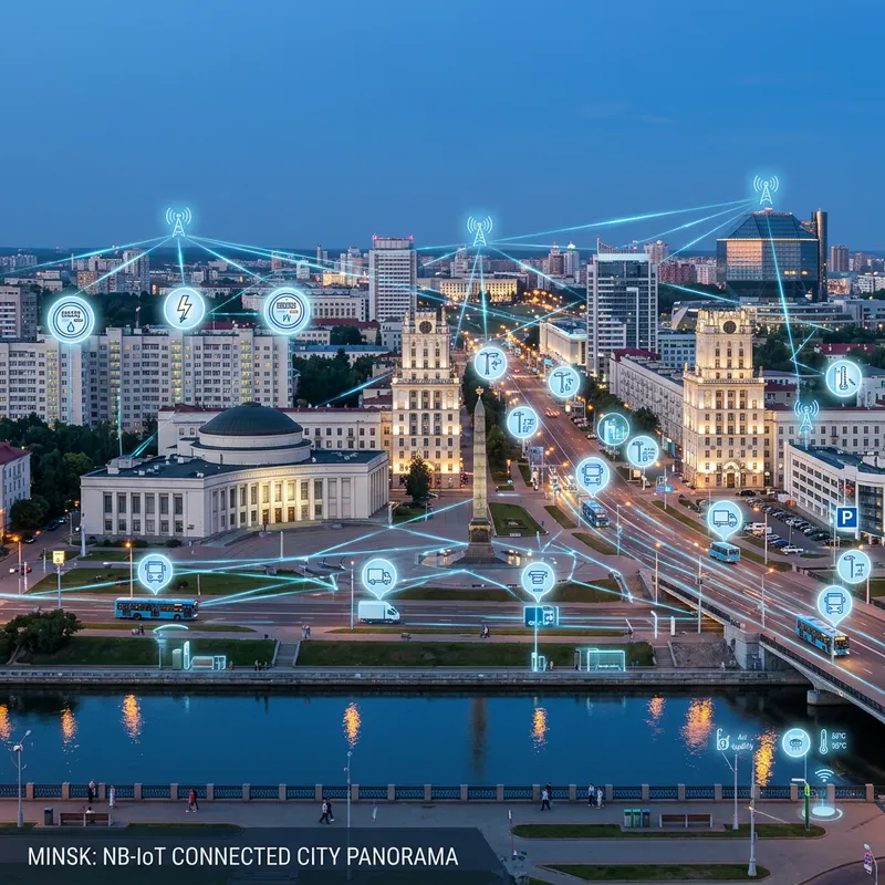 Minsk City Panorama Featuring NB-IoT Devices and Communication Lines