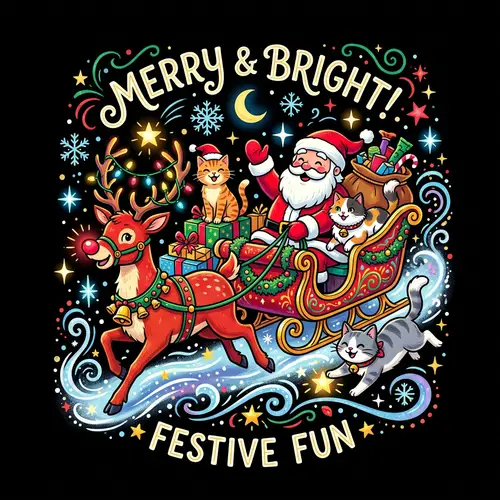 Whimsical Red-Nosed Reindeer & Cats Festive Illustration