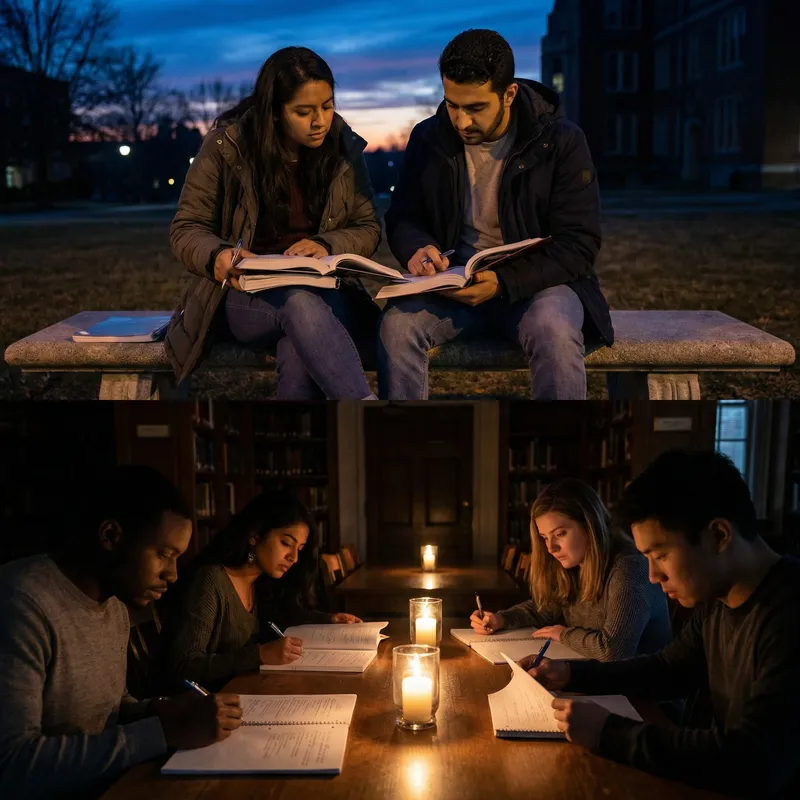 Diverse Students Studying in Low Light Settings