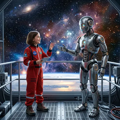 Girl Interacting with AI Robot in Red Jumpsuit | Space Background