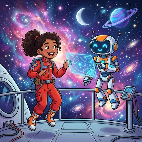 Cartoon Girl in Red Jumpsuit Interacting with AI Robot in Cosmic Space