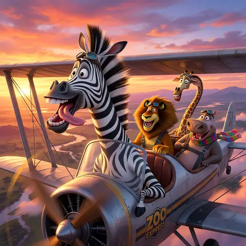 Animated Zebra on Thrilling Plane Ride with Famous Friends