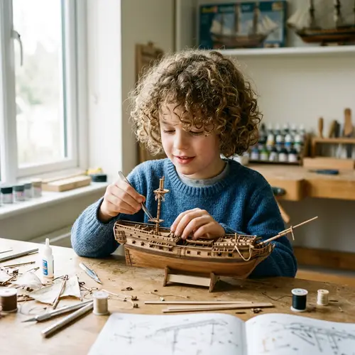 Curly-Haired Boy Assembling Ship
