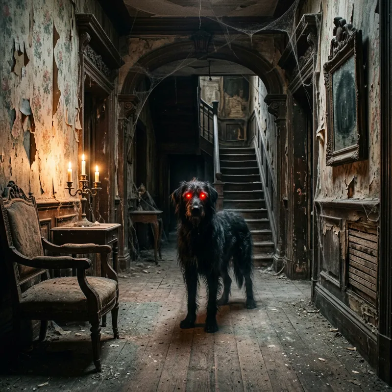Spooky Black Dog with Red Eyes in Haunted House