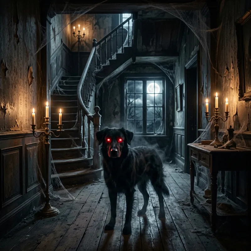 Spooky Black Dog with Red Eyes in Haunted House