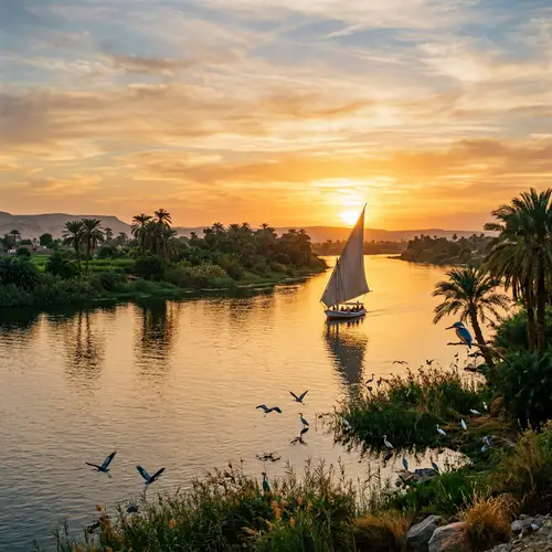 Serene Nile River Landscape: Azure Waters & Palm Trees