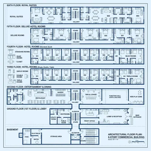 Detailed Architectural Floor Plan of 6-Story Building