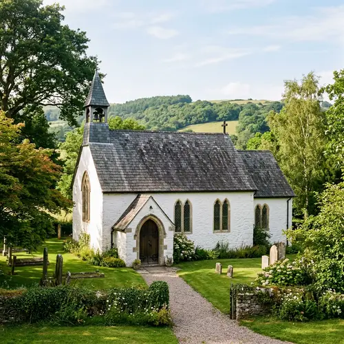 Tranquil White Church with Steep Roof | Scenic Environment